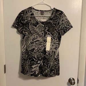 Laura Scott Black White Short Sleeve Printed Knit Tee Shirt Top Sequins S NWT